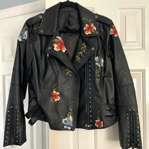 Studded Black Floral Faux Leather Moto Jacket - Women's Large, Never Worn!!